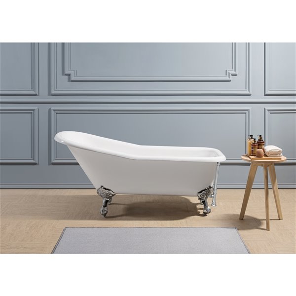 Streamline 30W x 66L Glossy White Cast Iron Clawfoot Bathtub with Polished Chrome Feet and Reversible Drain with Tray