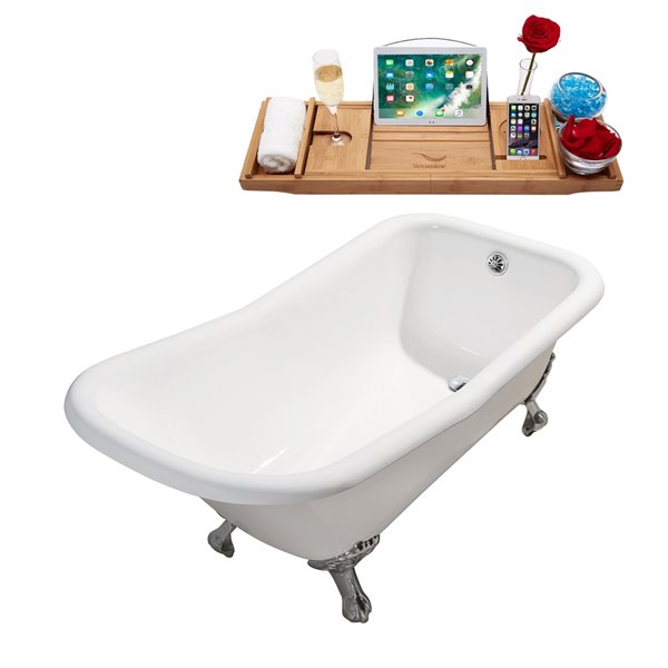 Streamline 30W x 66L Glossy White Cast Iron Clawfoot Bathtub with Polished Chrome Feet and Reversible Drain with Tray