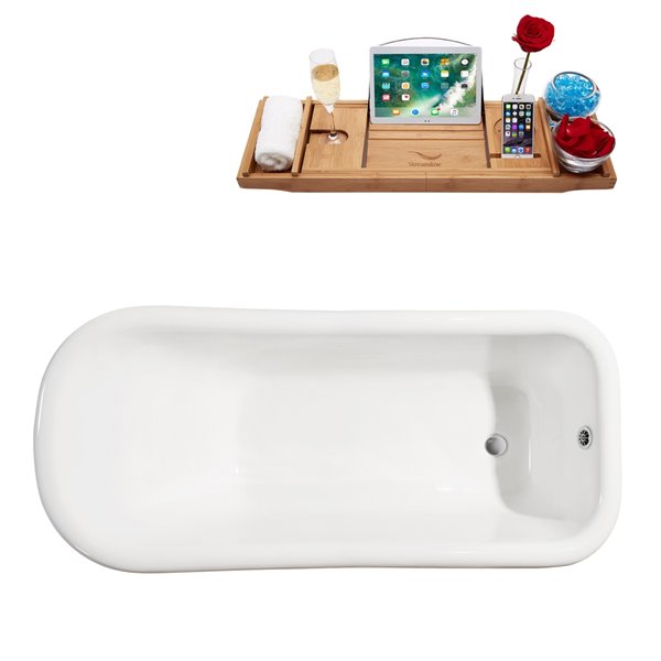 Streamline 30W x 66L Glossy White Cast Iron Clawfoot Bathtub with Polished Chrome Feet and Reversible Drain with Tray