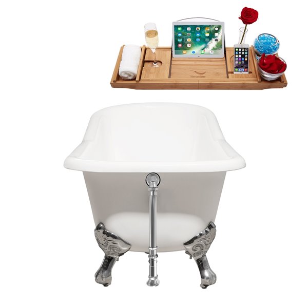 Streamline 30W x 66L Glossy White Cast Iron Clawfoot Bathtub with Polished Chrome Feet and Reversible Drain with Tray