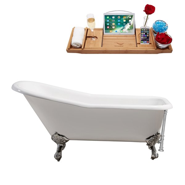 Streamline 30W x 66L Glossy White Cast Iron Clawfoot Bathtub with Polished Chrome Feet and Reversible Drain with Tray