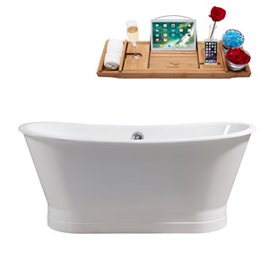 Baignoire de trempage autoportante ovale en fonte de Streamline avec drain centré, 27 po x 67 po, blanc lustré