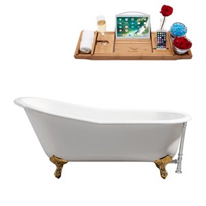 Baignoire de trempage sur pattes ovale en fonte de Streamline, drain externe, 30 po x 67 po, blanc lustré