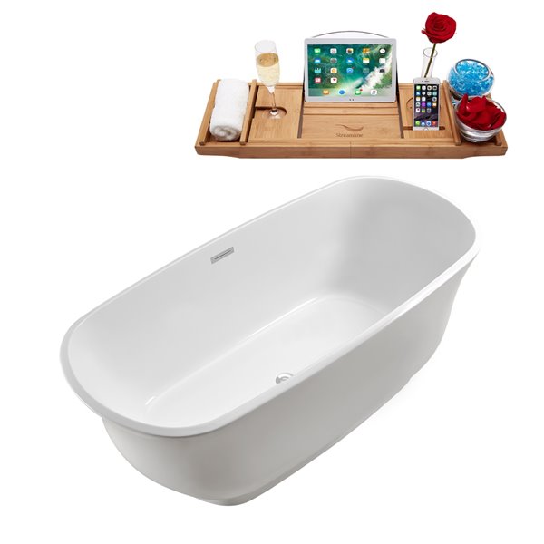 Streamline 28W x 59L Glossy White Acrylic Bathtub and a Polished Chrome Center Drain with Tray