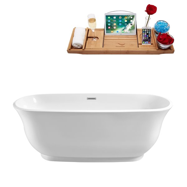 Streamline 28W x 59L Glossy White Acrylic Bathtub and a Polished Chrome Center Drain with Tray