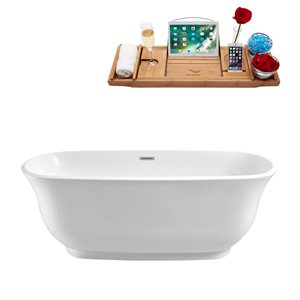 Streamline 28W x 59L Glossy White Acrylic Bathtub and a Polished Chrome Center Drain with Tray