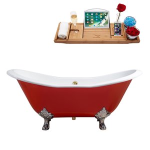 Baignoire de trempage ovale sur pattes en fonte de Streamline, drain externe, 31 po x 72 po, rouge lustré