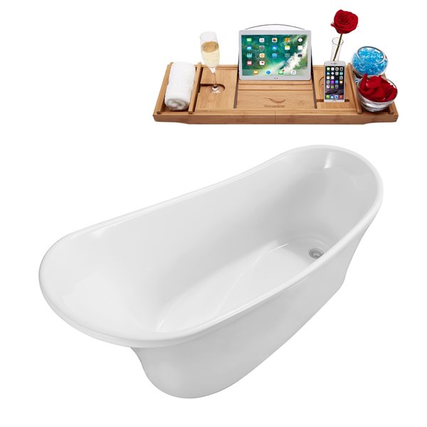 Baignoire en acrylique blanc lustré Streamline de 31 po x 67 po avec drain réversible chrome poli et plateau