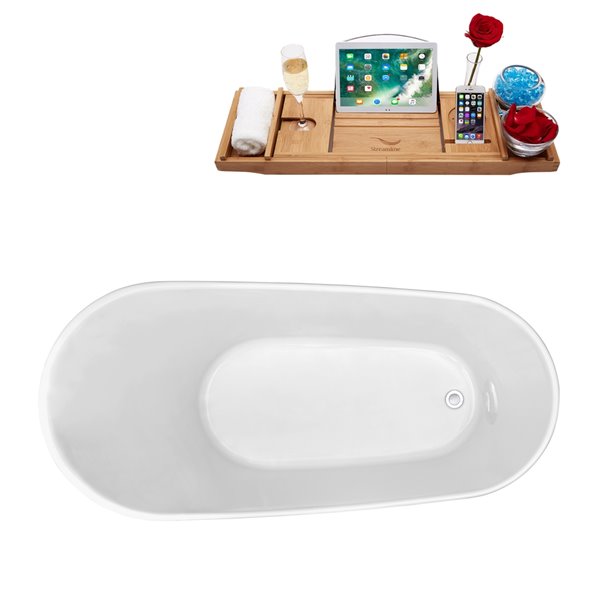 Baignoire en acrylique blanc lustré Streamline de 31 po x 67 po avec drain réversible chrome poli et plateau