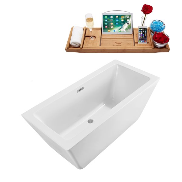 Baignoire en acrylique blanc lustré Streamline de 28 po x 60 po avec drain centré chrome poli et plateau