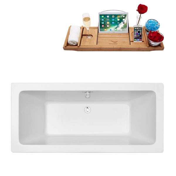 Baignoire en acrylique blanc lustré Streamline de 28 po x 60 po avec drain centré chrome poli et plateau