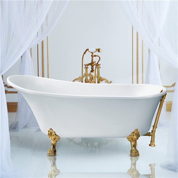 Streamline 28W x 63L Glossy White Acrylic Clawfoot Bathtub with Polished Gold Feet and Reversible Drain with Tray