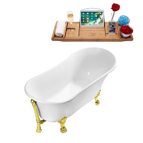 Streamline 28W x 63L Glossy White Acrylic Clawfoot Bathtub with Polished Gold Feet and Reversible Drain with Tray