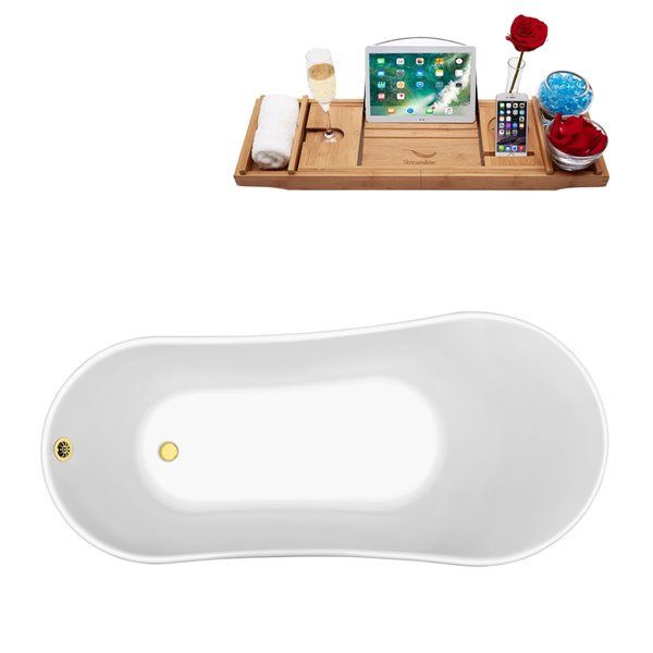 Streamline 28W x 63L Glossy White Acrylic Clawfoot Bathtub with Polished Gold Feet and Reversible Drain with Tray