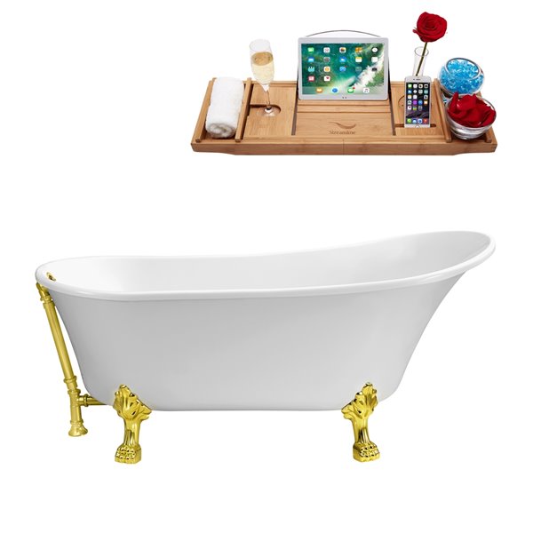 Streamline 28W x 63L Glossy White Acrylic Clawfoot Bathtub with Polished Gold Feet and Reversible Drain with Tray