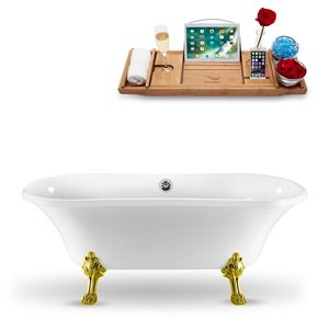 Baignoire sur pattes ovale en acrylique de Streamline, plateur décoratif en bois, 34 po x 68 po, blanc lustré