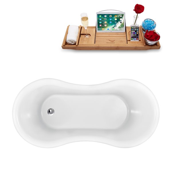 Streamline 31W x 62L Glossy White Acrylic Clawfoot Bathtub with Polished Chrome Feet and Reversible Drain with Tray