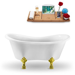 Streamline 31W x 62L Glossy White Acrylic Clawfoot Bathtub with Polished Chrome Feet and Reversible Drain with Tray