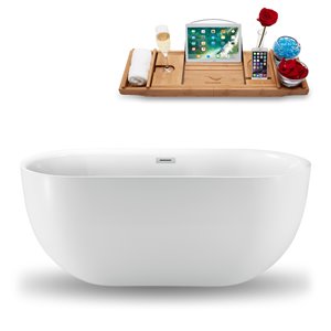 Streamline 28W x 59L Glossy White Acrylic Bathtub and a Polished Chrome Center Drain with Tray