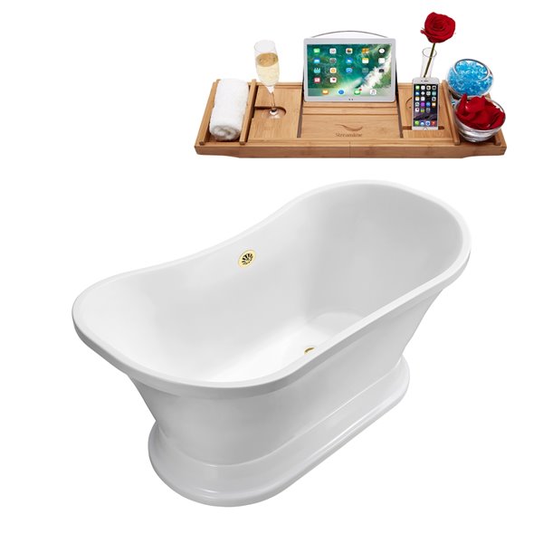 Streamline 32W x 60L Glossy White Acrylic Bathtub and a Polished Gold Center Drain with Tray