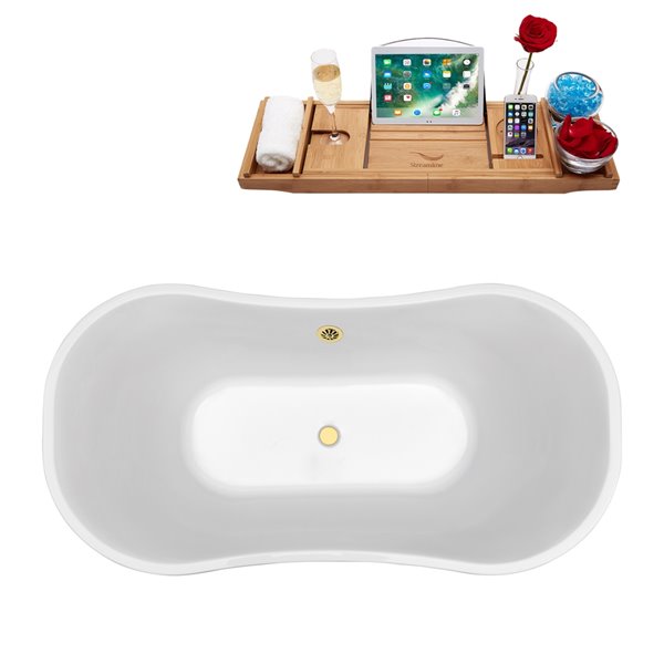 Streamline 32W x 60L Glossy White Acrylic Bathtub and a Polished Gold Center Drain with Tray