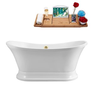 Streamline 32W x 60L Glossy White Acrylic Bathtub and a Polished Gold Center Drain with Tray