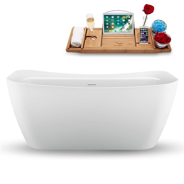 Streamline 31W x 59L Glossy White Acrylic Bathtub and a Glossy White Center Drain with Tray