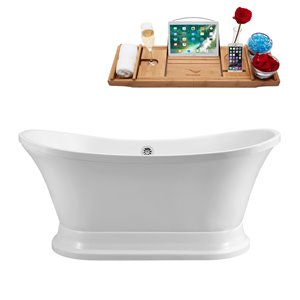 Streamline 34W x 68L Glossy White Acrylic Bathtub and a Polished Chrome Center Drain with Tray