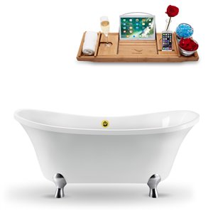 Baignoire sur pattes ovale en acrylique de Streamline, trop-plein intégré doré, 32 po x 60 po, blanc lustré