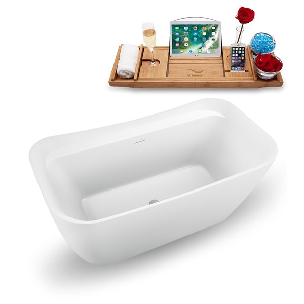 Streamline 31W x 59L Glossy White Acrylic Bathtub and a Polished Chrome Center Drain with Tray