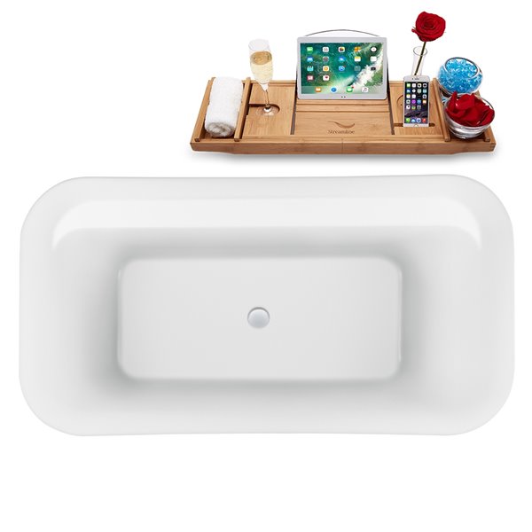 Streamline 31W x 59L Glossy White Acrylic Bathtub and a Polished Chrome Center Drain with Tray