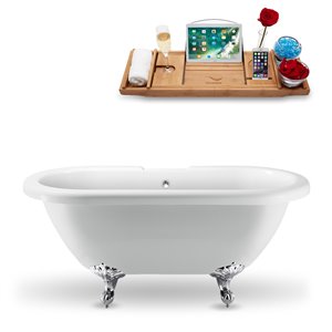 Streamline 29W x 67L Glossy White Acrylic Clawfoot Bathtub with Polished Chrome Feet and Reversible Drain with Tray