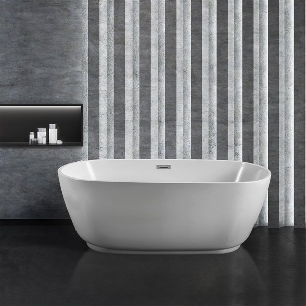 Streamline 32W x 71L Glossy White Acrylic Bathtub and a Polished Chrome Center Drain with Tray