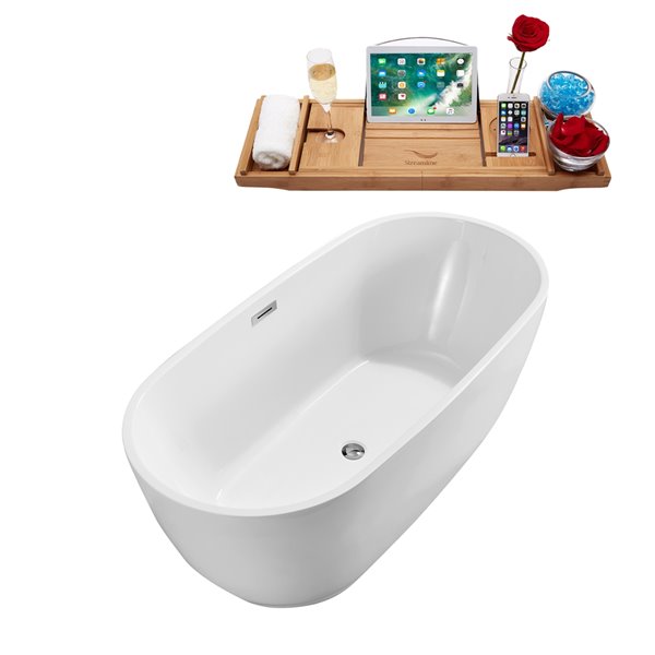 Streamline 32W x 71L Glossy White Acrylic Bathtub and a Polished Chrome Center Drain with Tray