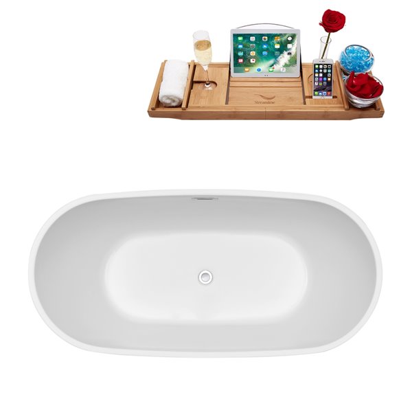 Streamline 32W x 71L Glossy White Acrylic Bathtub and a Polished Chrome Center Drain with Tray