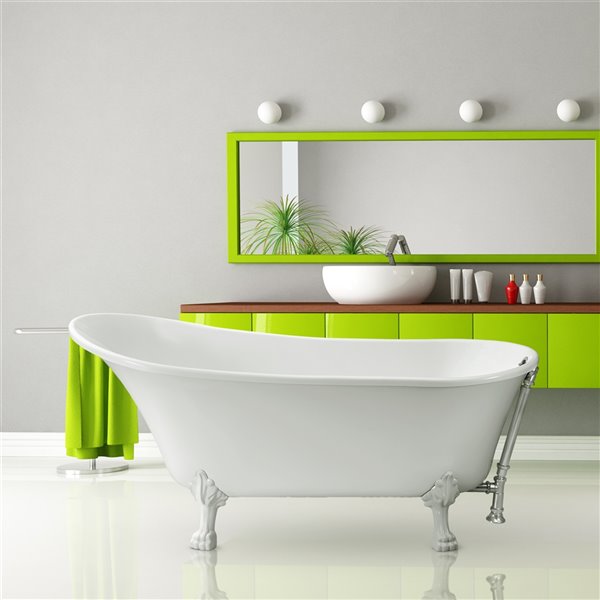 Streamline 28W x 59L Glossy White Acrylic Clawfoot Bathtub with Glossy White Feet and Reversible Drain with Tray