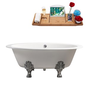 Baignoire de trempage sur pattes ovale en fonte de Streamline, drain centré externe, 35 po x 65 po, blanc lustré
