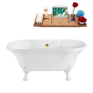 Streamline 32W x 60L Glossy White Acrylic Clawfoot Bathtub with Glossy White Feet and Center Drain with Tray