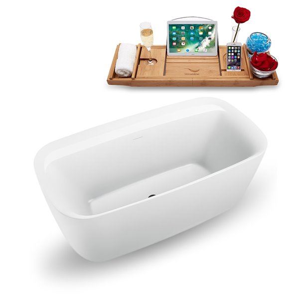 Streamline 30W x 59L Glossy White Acrylic Bathtub and a Matte Black Center Drain with Tray