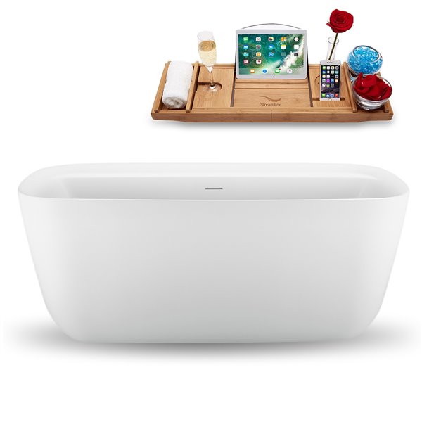 Streamline 30W x 59L Glossy White Acrylic Bathtub and a Matte Black Center Drain with Tray
