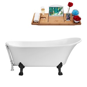 Streamline 32W x 67L Glossy White Acrylic Clawfoot Bathtub with Matte Black Feet and Reversible Drain with Tray