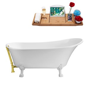 Streamline 28W x 59L Glossy White Acrylic Clawfoot Bathtub with Glossy White Feet and Reversible Drain with Tray