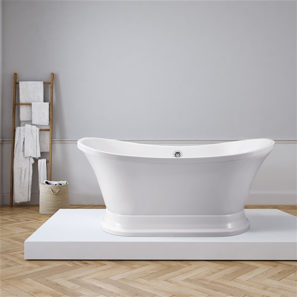 Baignoire en acrylique blanc lustré Streamline de 32 po x 60 po avec drain centré chrome poli et plateau