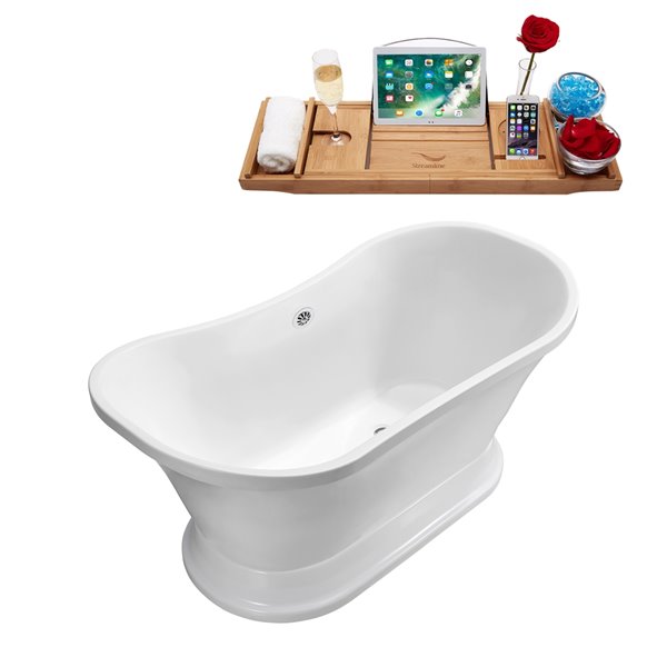 Baignoire en acrylique blanc lustré Streamline de 32 po x 60 po avec drain centré chrome poli et plateau