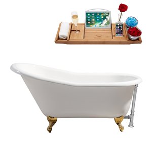 Streamline 30W x 60L Glossy White Cast Iron Clawfoot Bathtub with Polished Gold Feet and Reversible Drain with Tray