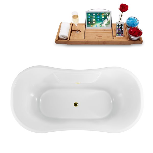 Streamline 32W x 60L Glossy White Acrylic Clawfoot Bathtub with Polished Chrome Feet and Center Drain with Tray
