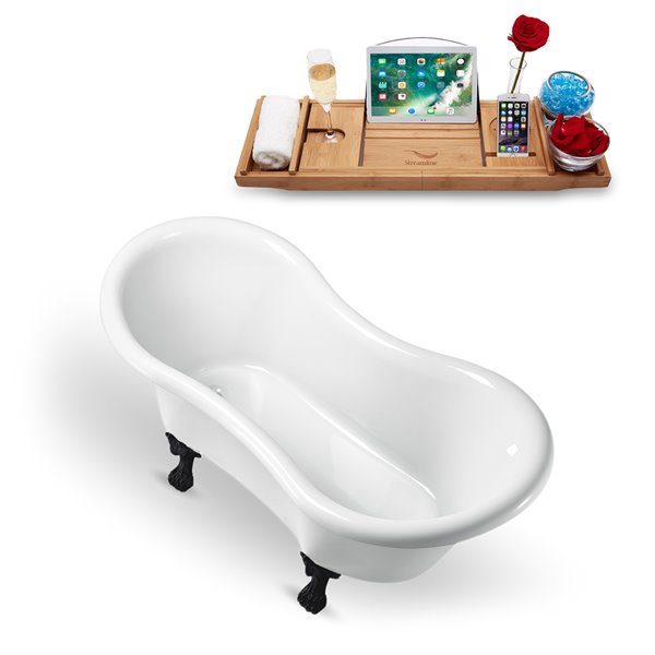 Streamline 31W x 62L Glossy White Acrylic Clawfoot Bathtub with Matte Black Feet and Reversible Drain with Tray