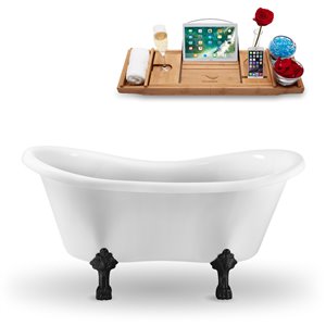 Streamline 31W x 62L Glossy White Acrylic Clawfoot Bathtub with Matte Black Feet and Reversible Drain with Tray