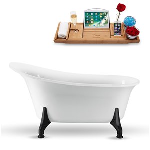 Baignoire sur pattes ovale en acrylique de Streamline, plateau décoratif en bois, 28 po x 59 po, blanc lustré