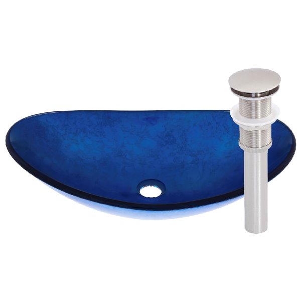 Novatto Azzurro Oval Vessel Sink - 13.5-in - Blue Glass/Brushed Nickel Drain